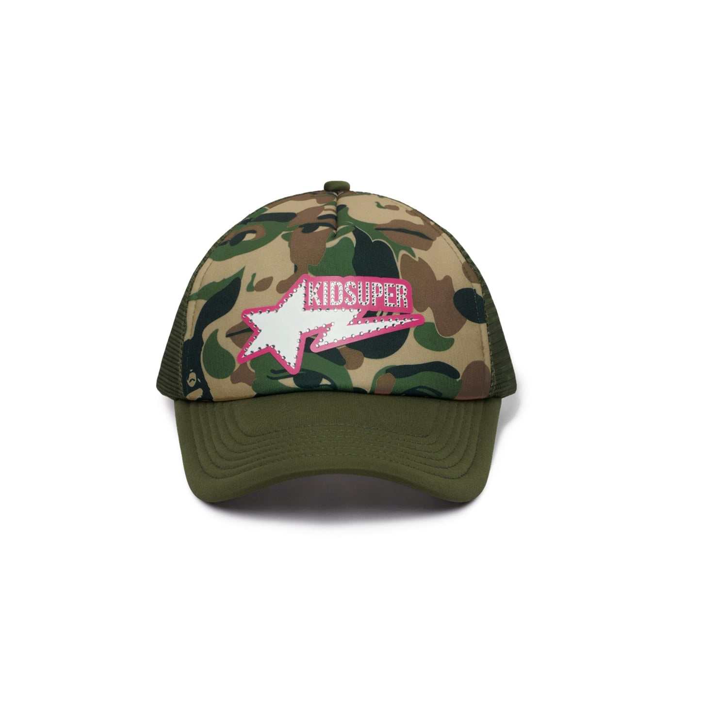 BAPE X KIDSUPER BAPE STA LOGO RHINESTONE TRUCKER CAP [GREEN]